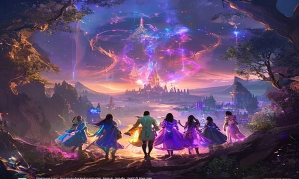 色里番异世界后宫系列封面，奇幻大陆场景，魔法光效绚丽，多位角色环绕主角，色里番异世界题材氛围感强